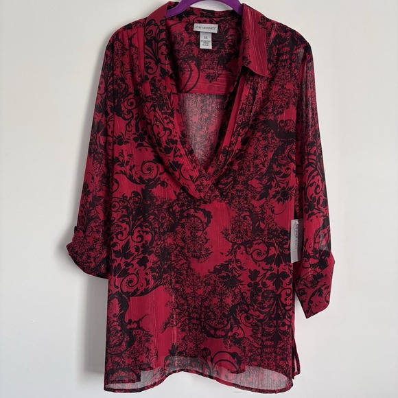 Catherines Tops - Catherines Women's Sheer Abstract Top Size 0X Red Metallic Stripes Whimsigoth‎